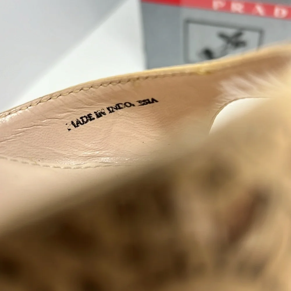 Prada Sz 37 Nude Cream Beige Patent Leather Wedge Sandals w/Original Box